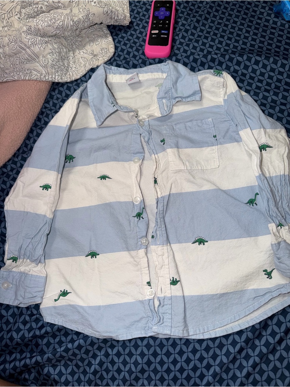 Old Navy Light Blue & White Striped Button-Down with Green Dino Embroidery